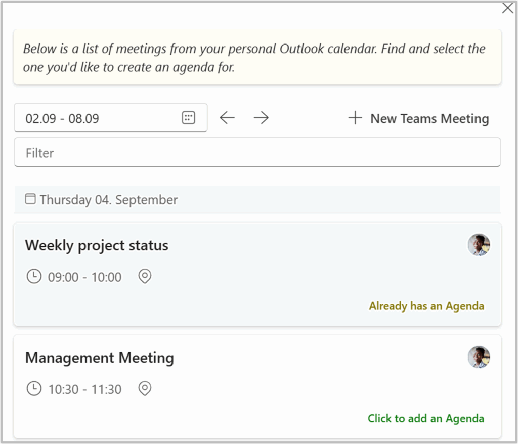 Panel showing planned caledar-meeting you can assign an Agenda