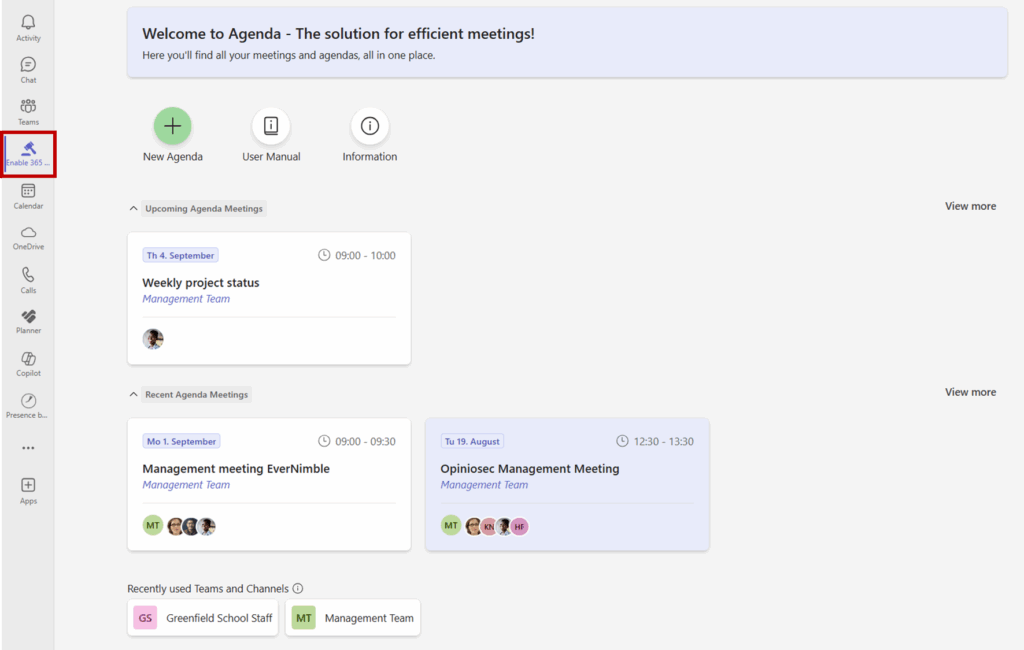 Screenshot of the Agenda personal app homepage