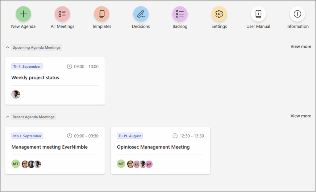 The layout of the Agenda Home page in a team