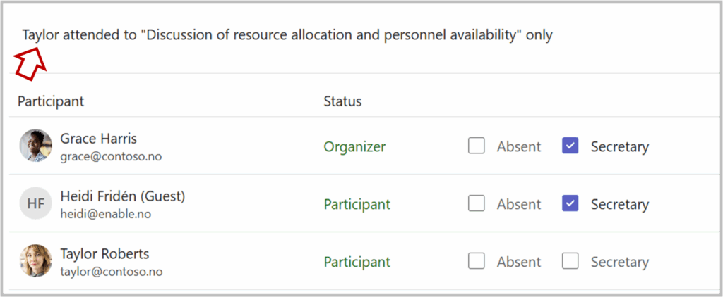 Dialog for recording absence, secretary and comments to attendance.