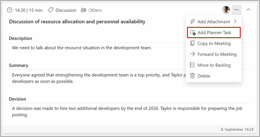 Menu where you can add a Planner task