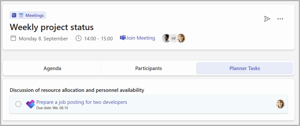 The Planner Tasks tab for a spesific meeting