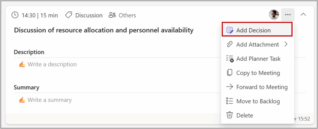 Agenda item menu where you can add decision
