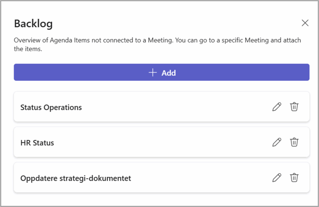 The Backlog panel with a few items and the add button