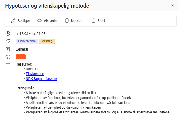 Eksempel på beskrivelsesfeltet til en aktivitet for et skole-årshjul.
